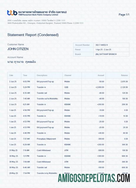 Relatório de extrato bancário TMBThanachart da Tailândia para download, modelo Word e PDF
